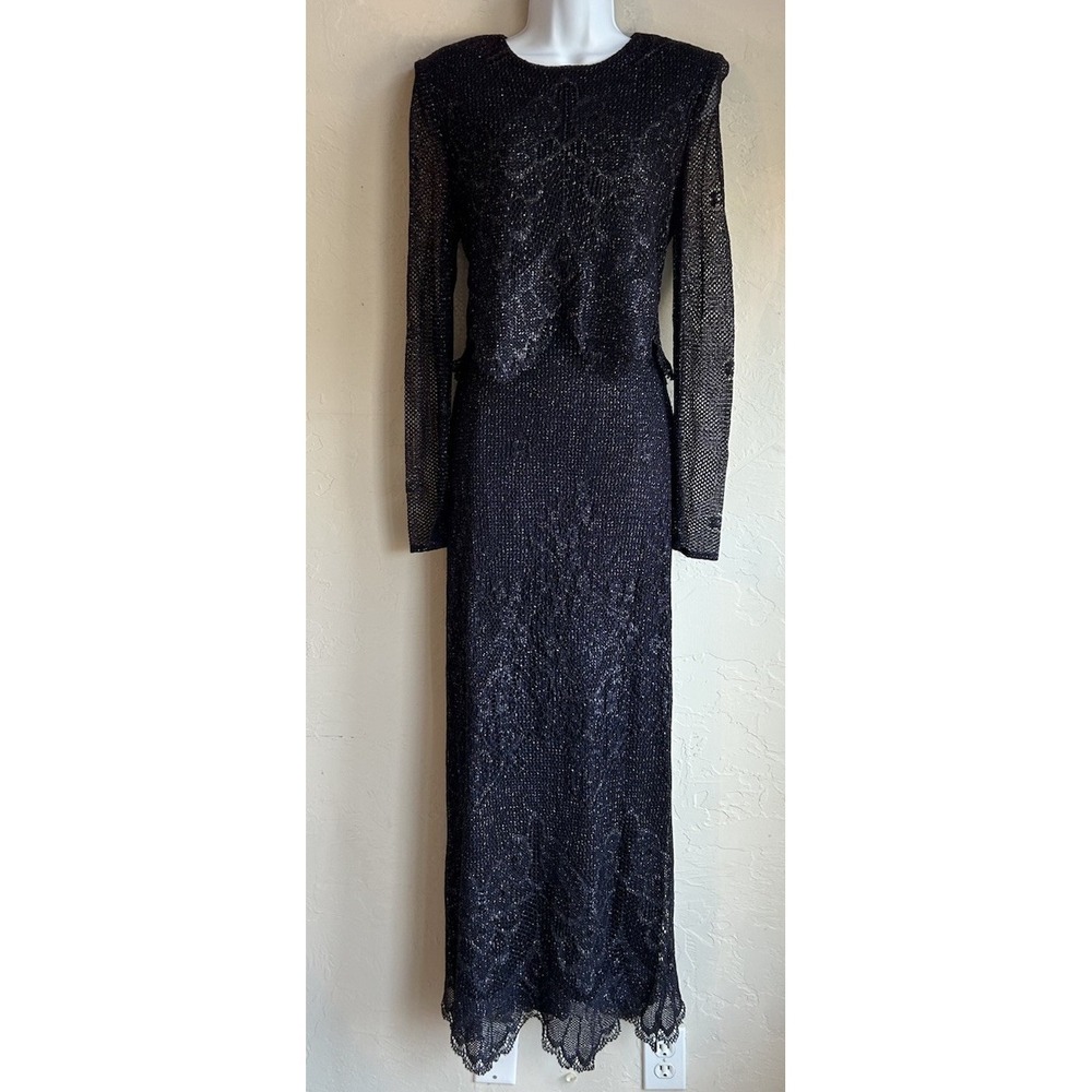 Vintage After Dark Metallic Purple Crochet Lace Layered Maxi Dress 10 Glam Party